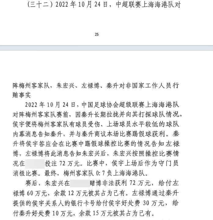 網(wǎng)傳判決書：梅州0-7海港，梅州守門員侯宇收30萬(wàn)好處費(fèi)消極比賽